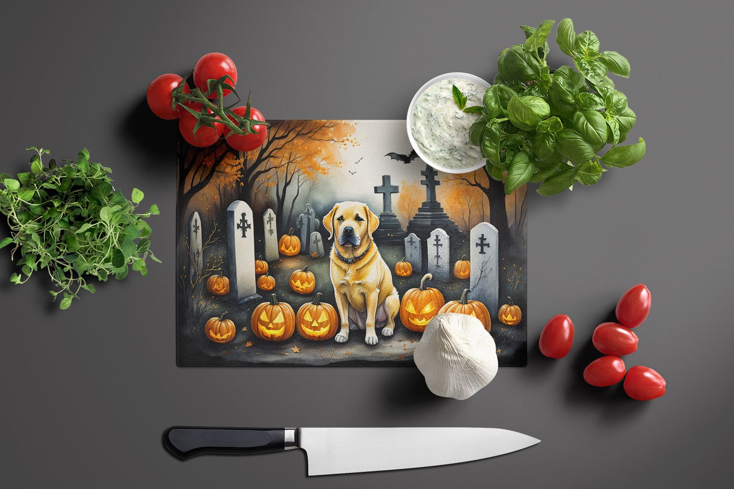 NEW Yellow Labrador Retriever Spooky Halloween Glass Cutting Board Decorative Tempered Glass Kitchen Cutting and Serving Board Large Size Chopping Board