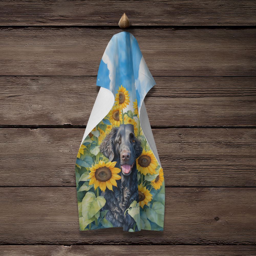 Curly-Coated Retriever in Sunflowers Kitchen Towel Dish Cloths Guest Hand Towel Decorative Bathroom Towel for Face,Tea, Dishcloth, Kitchen and Bath