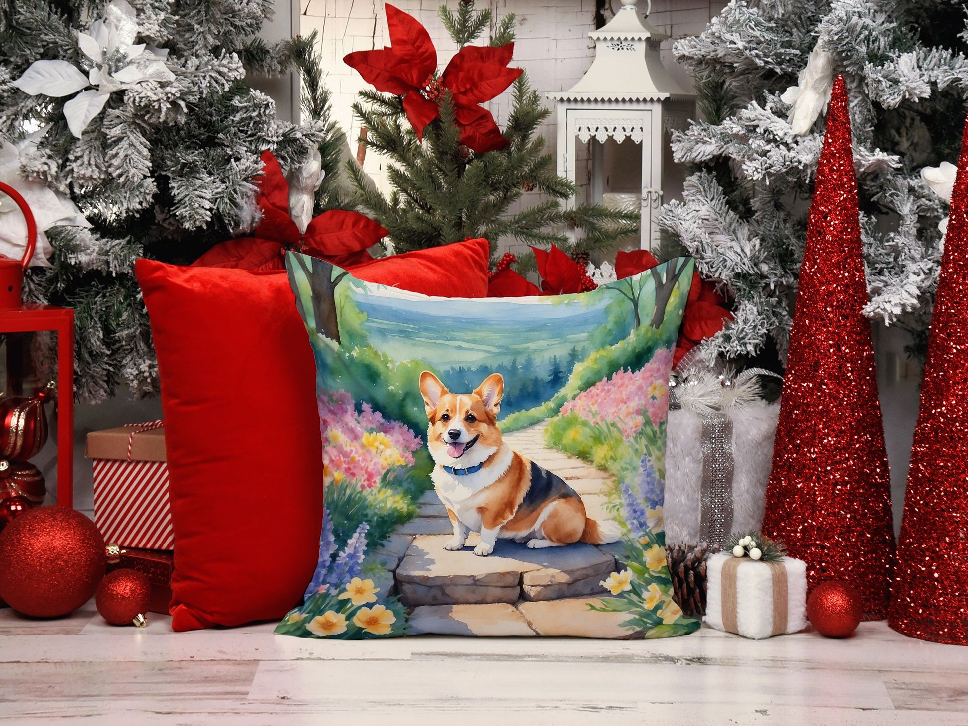 Corgi Spring Path Throw Pillow Machine Washable, Indoor Outdoor Decorative Pillow for Couch, Bed or Patio, 14Hx14W