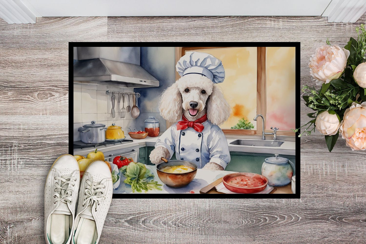 NEW White Poodle The Chef Doormat Front Door Mat Indoor Outdoor Rugs for Entryway, Non Slip Washable Low Pile, 18H X 27W