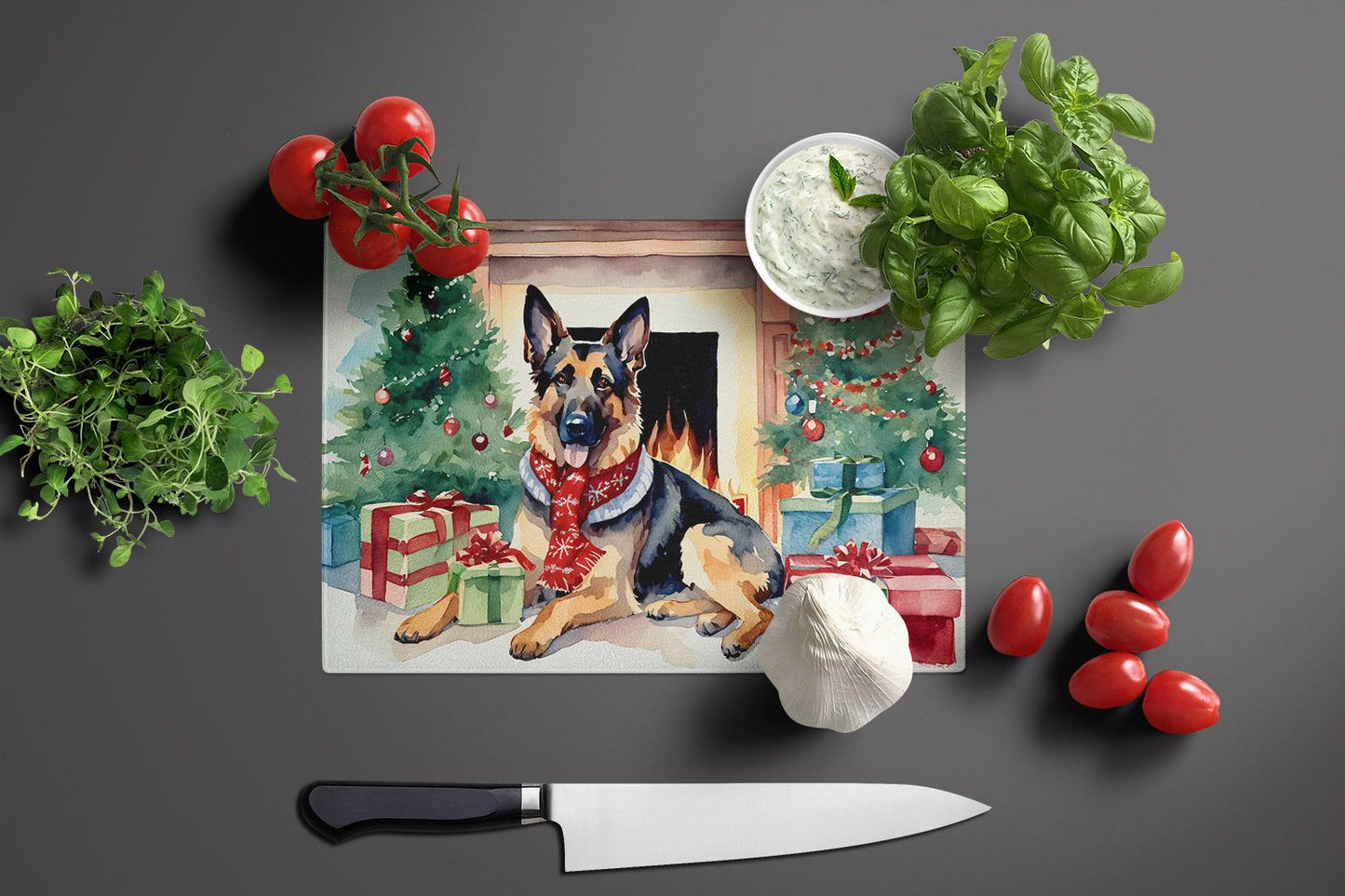 NEW German Shepherd Cozy Christmas Glass Cutting Board Decorative Tempered Glass Kitchen Cutting and Serving Board Large Size Chopping Board