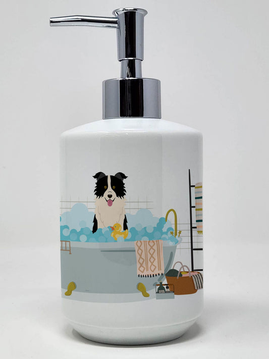 Black White Border Collie in Bathtub Ceramic Soap Dispenser Hand Soap Dispenser Pump Bottles for Bathroom Kitchen, Empty Refillable Liquid Soap Container