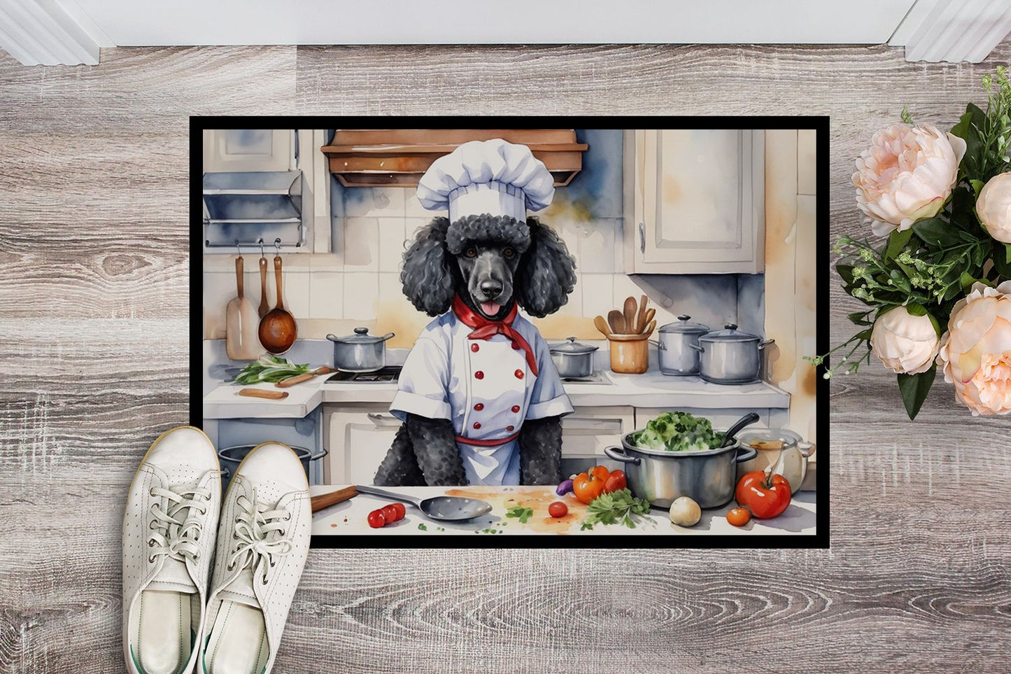 Black Poodle The Chef Doormat Front Door Mat Indoor Outdoor Rugs for Entryway, Non Slip Washable Low Pile, 24H X 36W