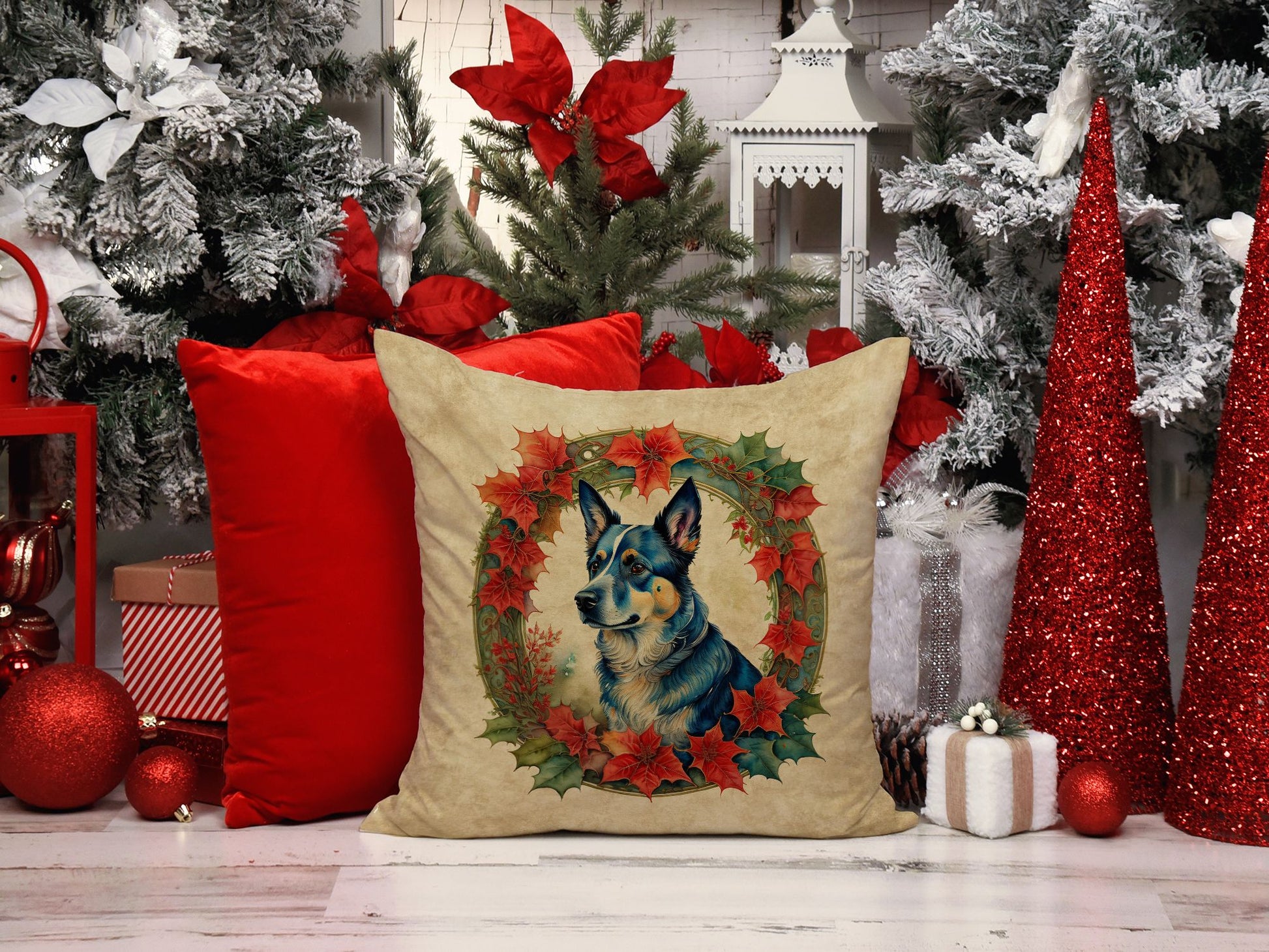 Australian Cattle Dog Christmas Flowers Throw Pillow Machine Washable, Indoor Outdoor Decorative Pillow for Couch, Bed or Patio, 14Hx14W