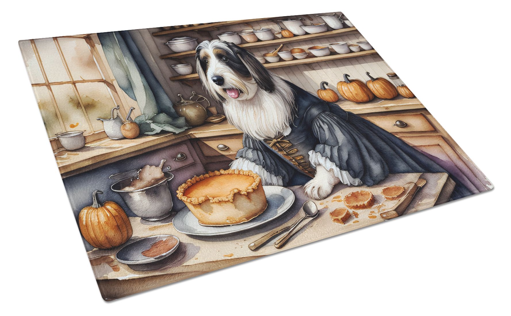 NEW Bearded Collie Fall Kitchen Pumpkins Glass Cutting Board Decorative Tempered Glass Kitchen Cutting and Serving Board Large Size Chopping Board