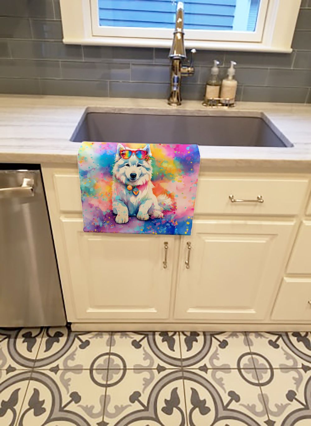 Samoyed Hippie Dawg Kitchen Towel Dish Cloths Guest Hand Towel Decorative Bathroom Towel for Face,Tea, Dishcloth, Kitchen and Bath