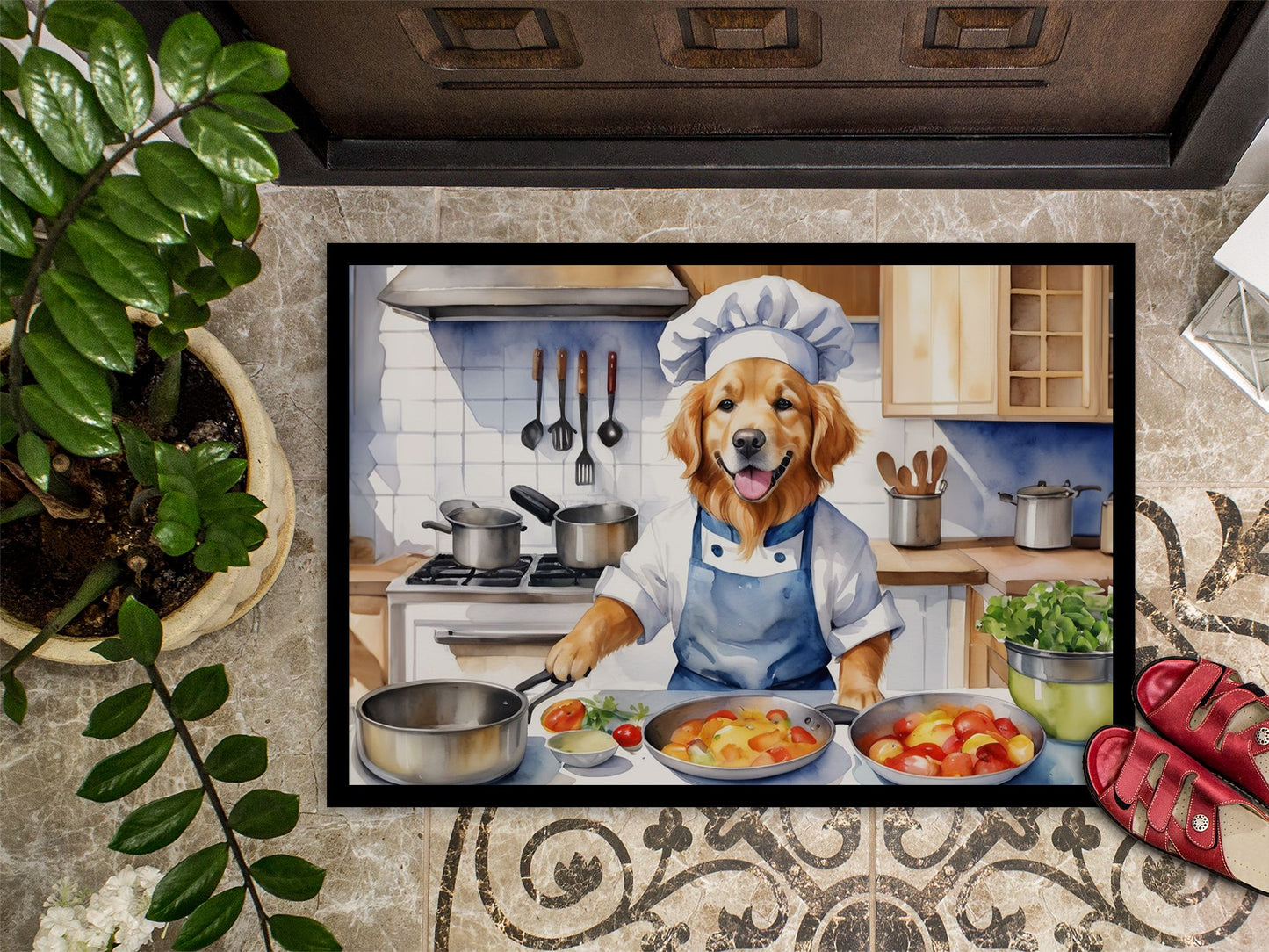 Golden Retriever The Chef Doormat Front Door Mat Indoor Outdoor Rugs for Entryway, Non Slip Washable Low Pile, 24H X 36W