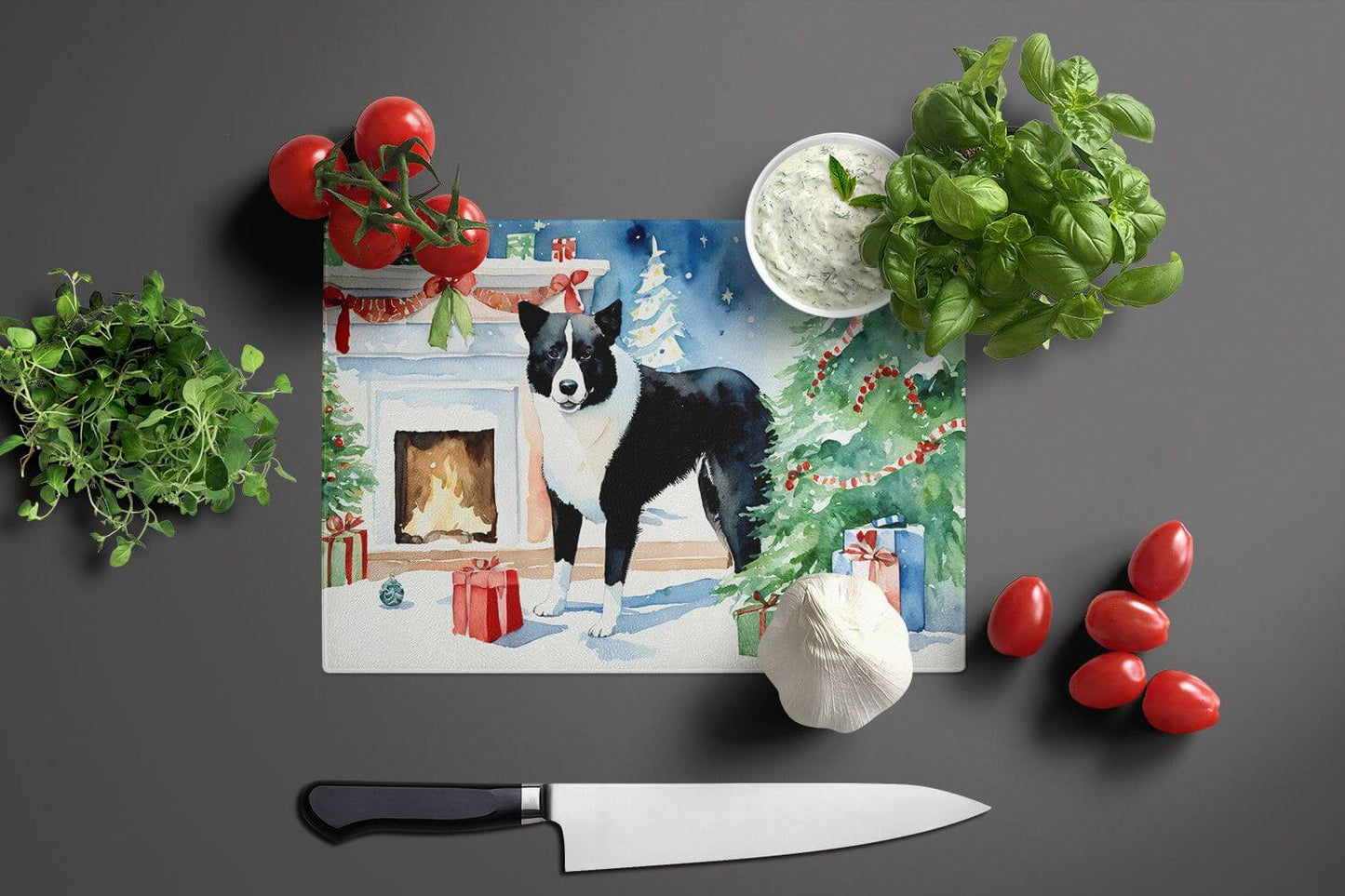 NEW Karelian Bear Dog Cozy Christmas Glass Cutting Board Decorative Tempered Glass Kitchen Cutting and Serving Board Large Size Chopping Board