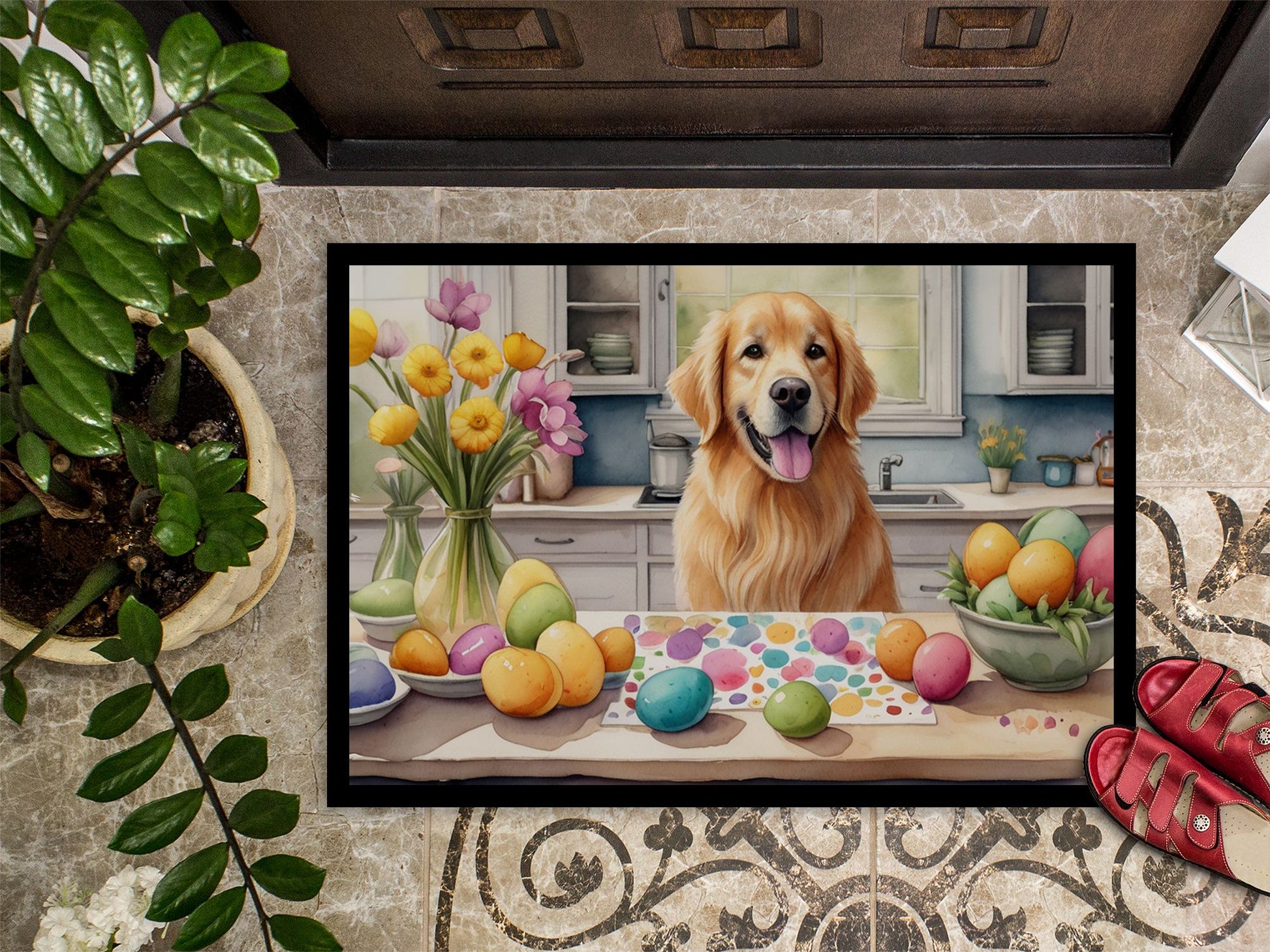 NEW Decorating Easter Golden Retriever Doormat Front Door Mat Indoor Outdoor Rugs for Entryway, Non Slip Washable Low Pile, 18H X 27W