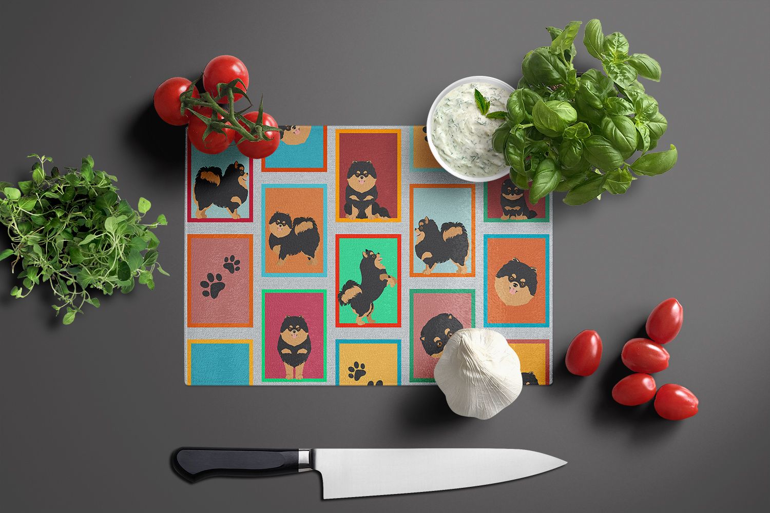 NEW Lots of Black and Tan Pomeranian Glass Cutting Board Decorative Tempered Glass Kitchen Cutting and Serving Board Large Size Chopping Board