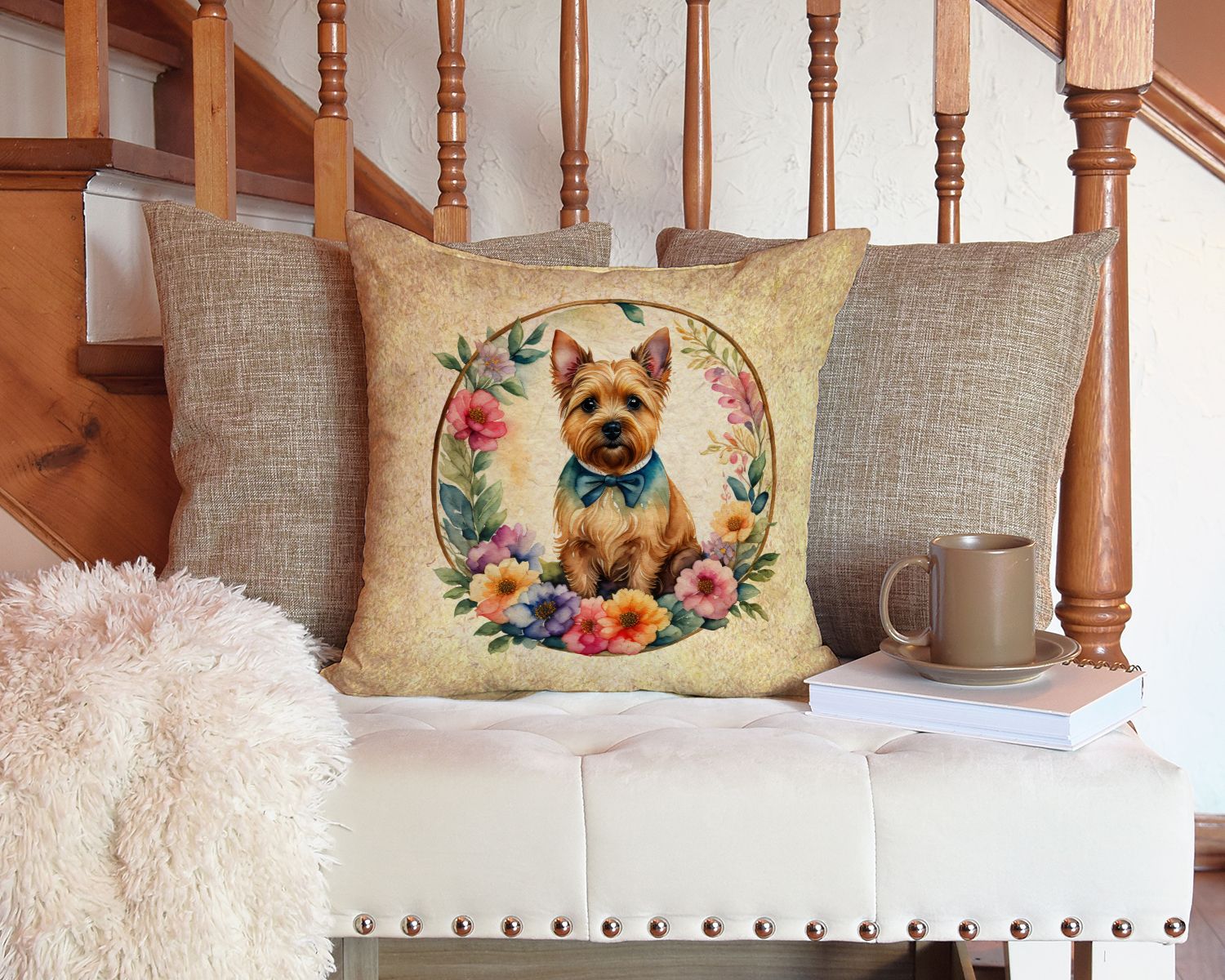 Norwich Terrier and Flowers Throw Pillow Machine Washable, Indoor Outdoor Decorative Pillow for Couch, Bed or Patio, 14Hx14W