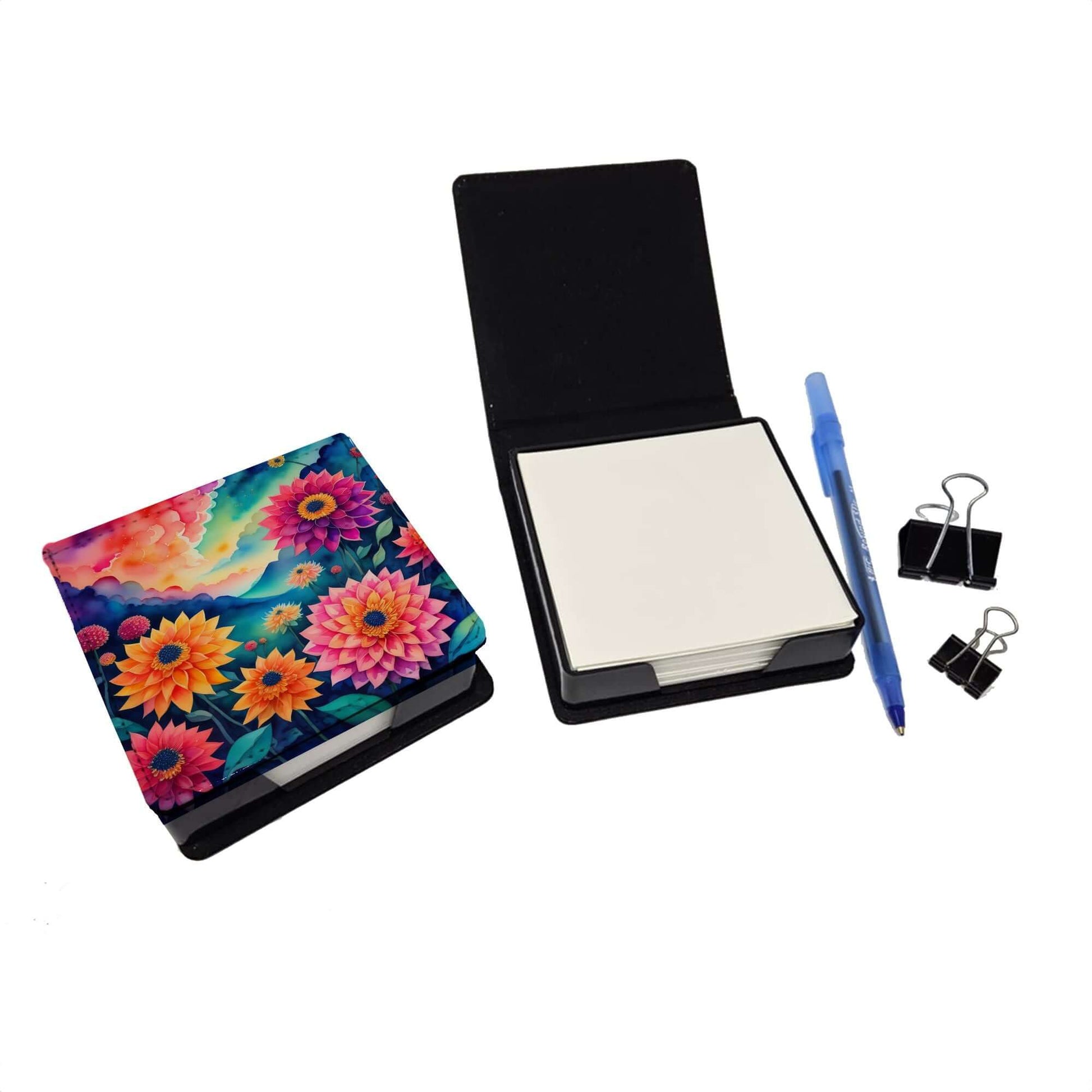Colorful Dahlias PU Leather Note Paper Holder with Artist-Designed Cover, Desk Accessory, Office Gift