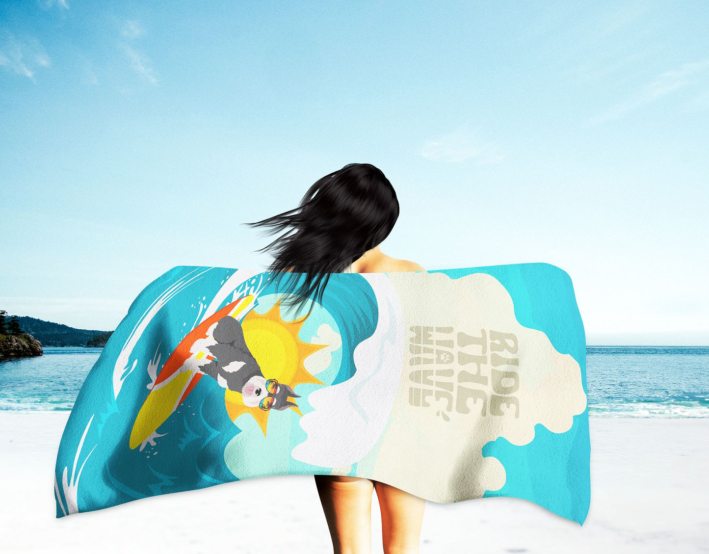 Surfer Dog Black Silver Schnauzer Premium Beach Towel Oversized Towel Beach Blanket, Pool, Beach Essentials, Yoga, Premium Bath Towel, Quick Dry Plush