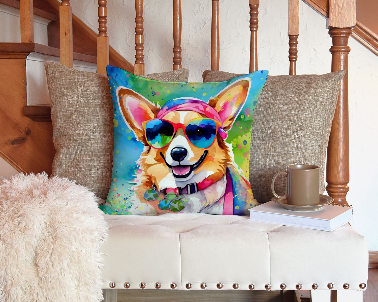 Corgi Hippie Dawg Throw Pillow Machine Washable, Indoor Outdoor Decorative Pillow for Couch, Bed or Patio, 14Hx14W