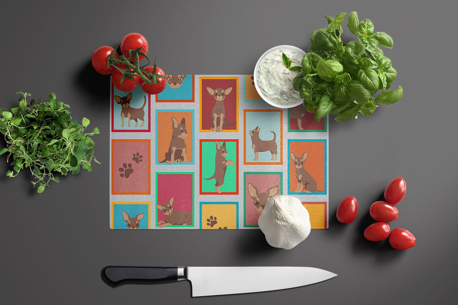 NEW Lots of Chocolate Chihuahua Glass Cutting Board Decorative Tempered Glass Kitchen Cutting and Serving Board Large Size Chopping Board