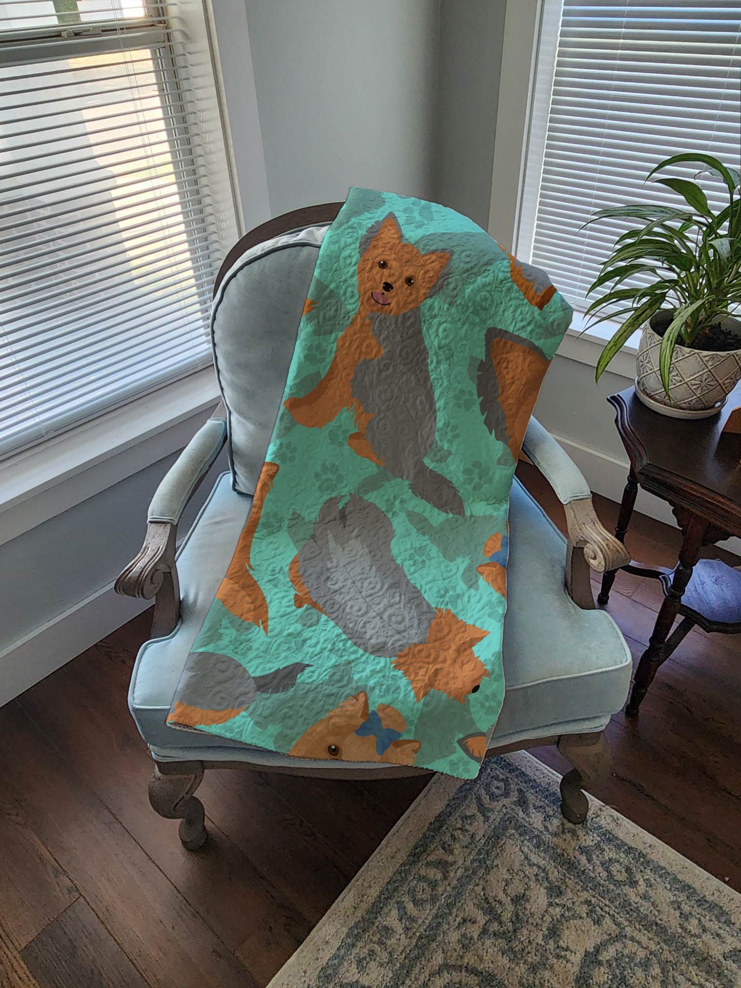 Blue and Tan Yorkie Quilted Blanket 50x60 Artwork Pattern Quilted Throw Blanket for Bed, Couch, Sofa, Soft and Lightweight