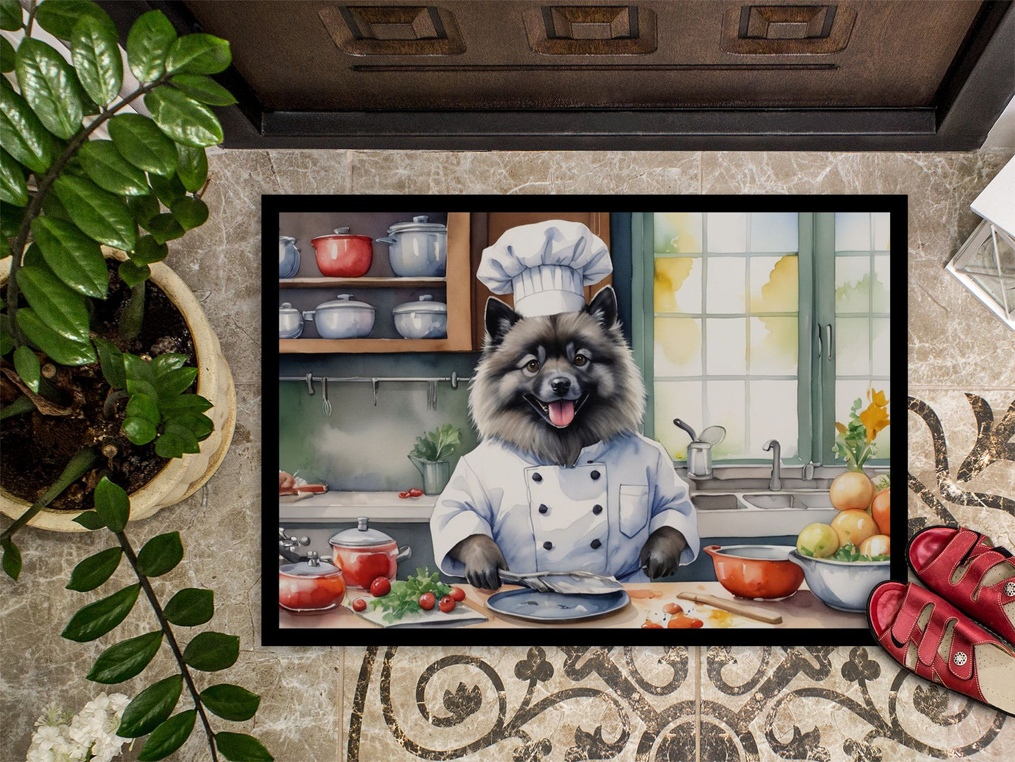 NEW Keeshond The Chef Doormat Front Door Mat Indoor Outdoor Rugs for Entryway, Non Slip Washable Low Pile, 18H X 27W