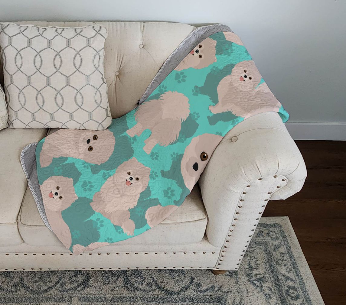 White Pomeranian Quilted Blanket 50x60 Artwork Pattern Quilted Throw Blanket for Bed, Couch, Sofa, Soft and Lightweight