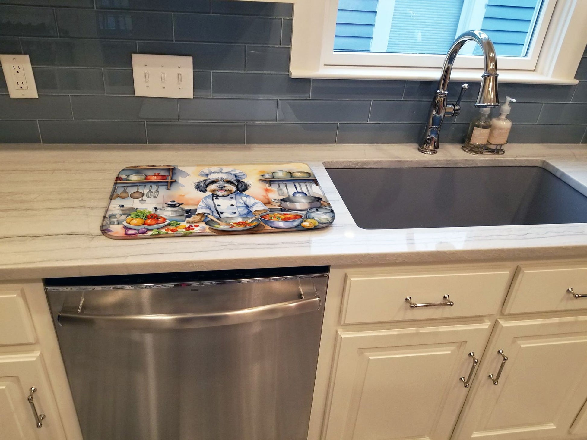 Tibetan Terrier The Chef Dish Drying Mat Absorbent Dish Drying Mat Pad for Kitchen Counter Dish Drainer Mat for Countertop, 14 x 21", Multicolor