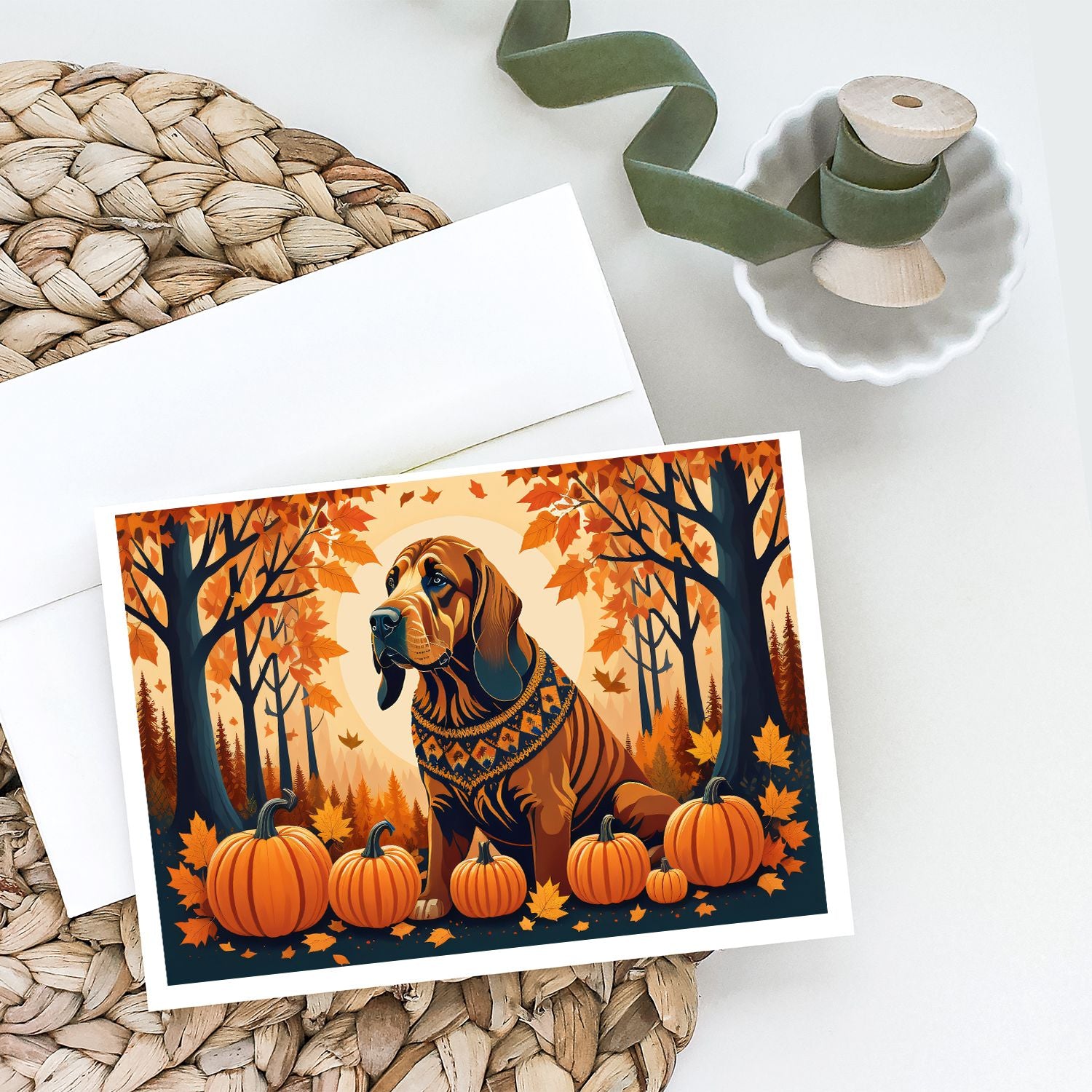Bloodhound Fall Greeting Cards Pack of 8 Blank Cards with Envelopes Whimsical A7 Size 5x7 Blank Note Cards