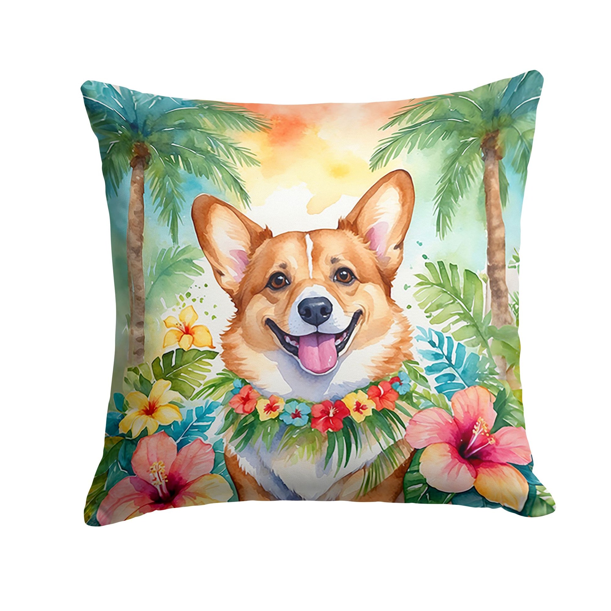 Corgi Luau Throw Pillow Machine Washable, Indoor Outdoor Decorative Pillow for Couch, Bed or Patio, 14Hx14W