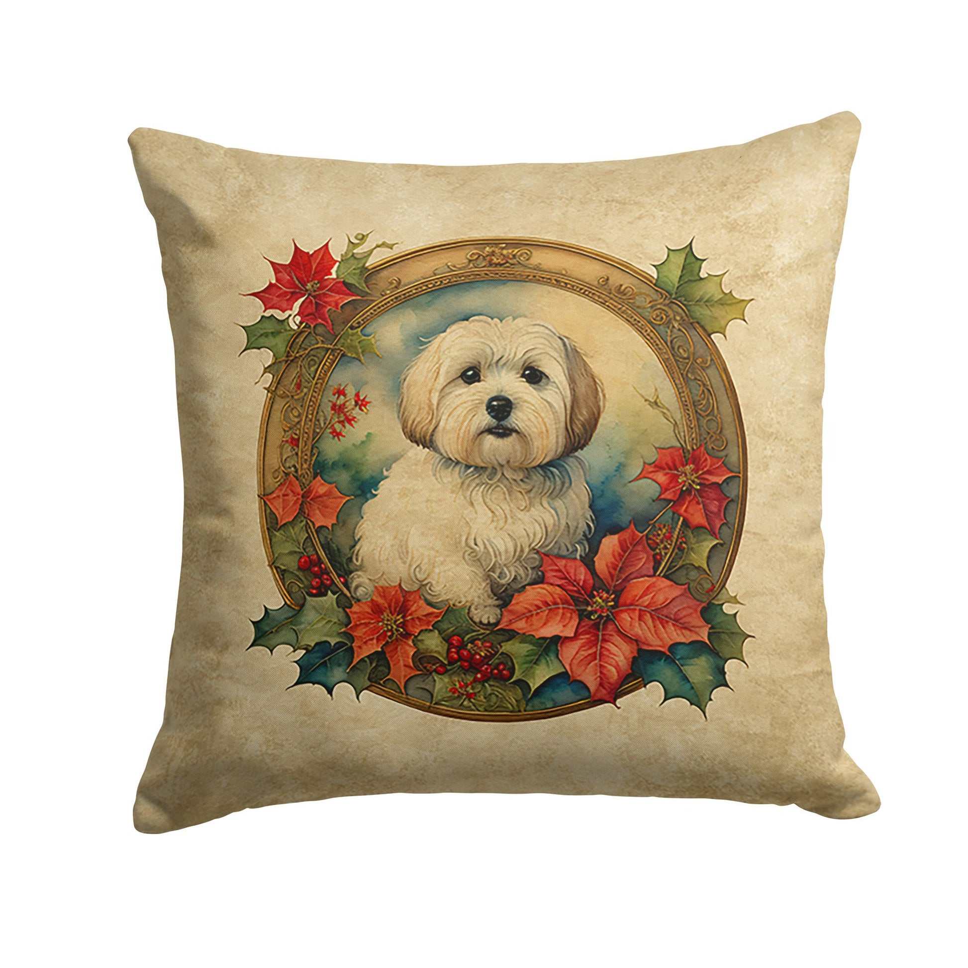 Coton De Tulear Christmas Flowers Throw Pillow Machine Washable, Indoor Outdoor Decorative Pillow for Couch, Bed or Patio, 18Hx18W