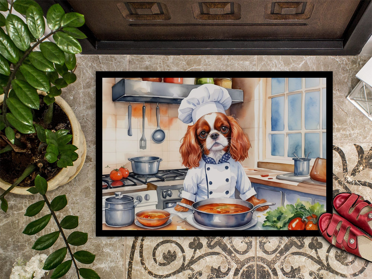 Cavalier Spaniel The Chef Doormat Front Door Mat Indoor Outdoor Rugs for Entryway, Non Slip Washable Low Pile, 24H X 36W