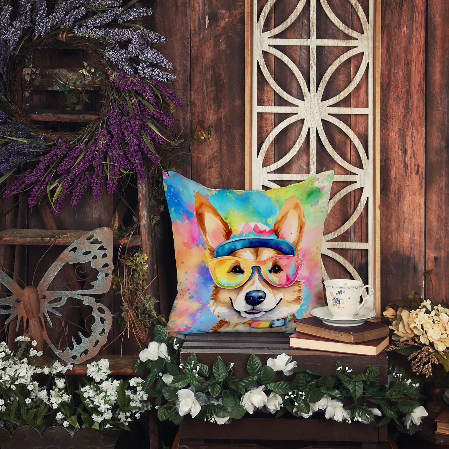Corgi Hippie Dawg Throw Pillow Machine Washable, Indoor Outdoor Decorative Pillow for Couch, Bed or Patio, 14Hx14W