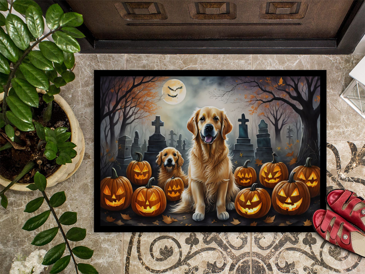 NEW Golden Retriever Spooky Halloween Doormat Front Door Mat Indoor Outdoor Rugs for Entryway, Non Slip Washable Low Pile, 18H X 27W