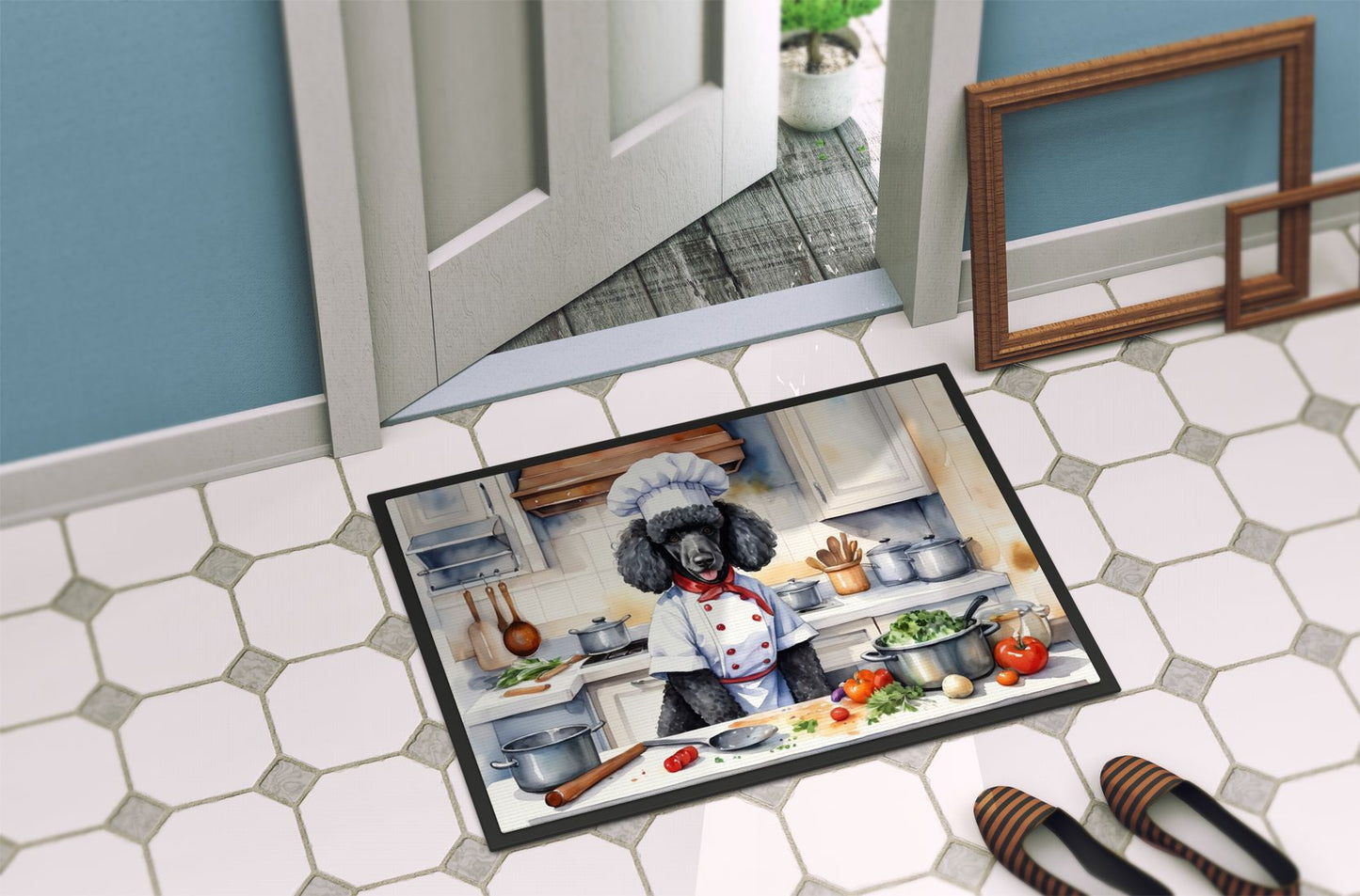 Black Poodle The Chef Doormat Front Door Mat Indoor Outdoor Rugs for Entryway, Non Slip Washable Low Pile, 24H X 36W