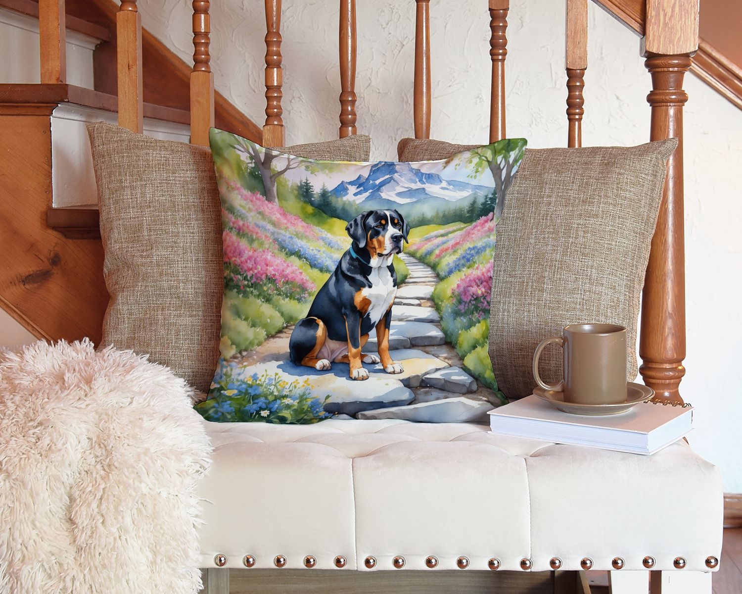 Greater Swiss Mountain Dog Spring Path Throw Pillow Machine Washable, Indoor Outdoor Decorative Pillow for Couch, Bed or Patio, 14Hx14W