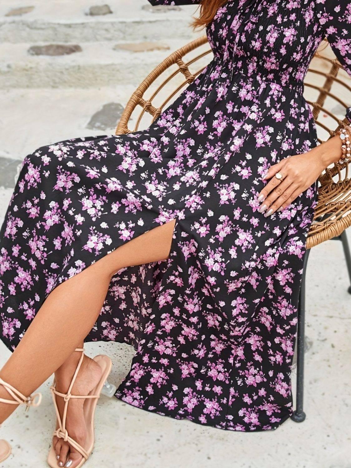 Slit Smocked Floral Square Neck Balloon Sleeve Midi Dress