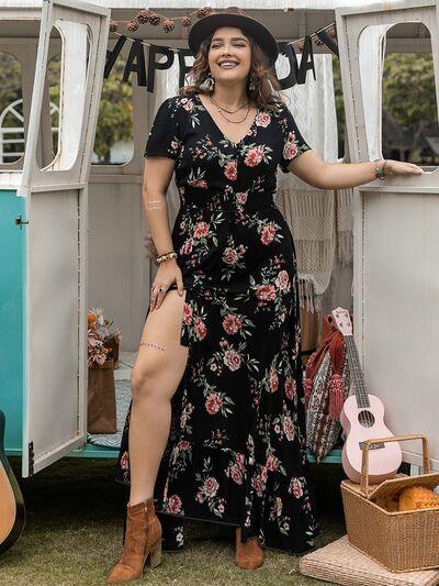 Plus Size Button Detail Printed V-Neck Short Sleeve Maxi Dress - Clothes For Her Online Store