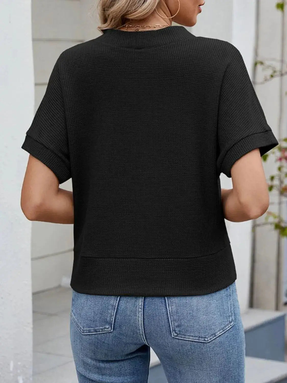 Waffle Knit Button Down Short Sleeve Top - Clothes For Her Online Store