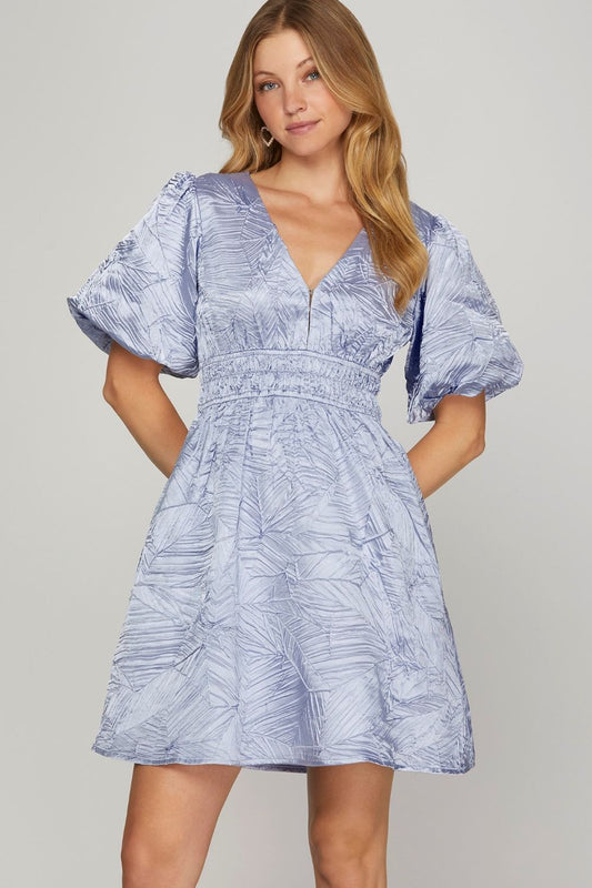 She + Sky Crinkle Woven V-Neck Balloon Sleeve Mini Dress - Clothes For Her Online Store