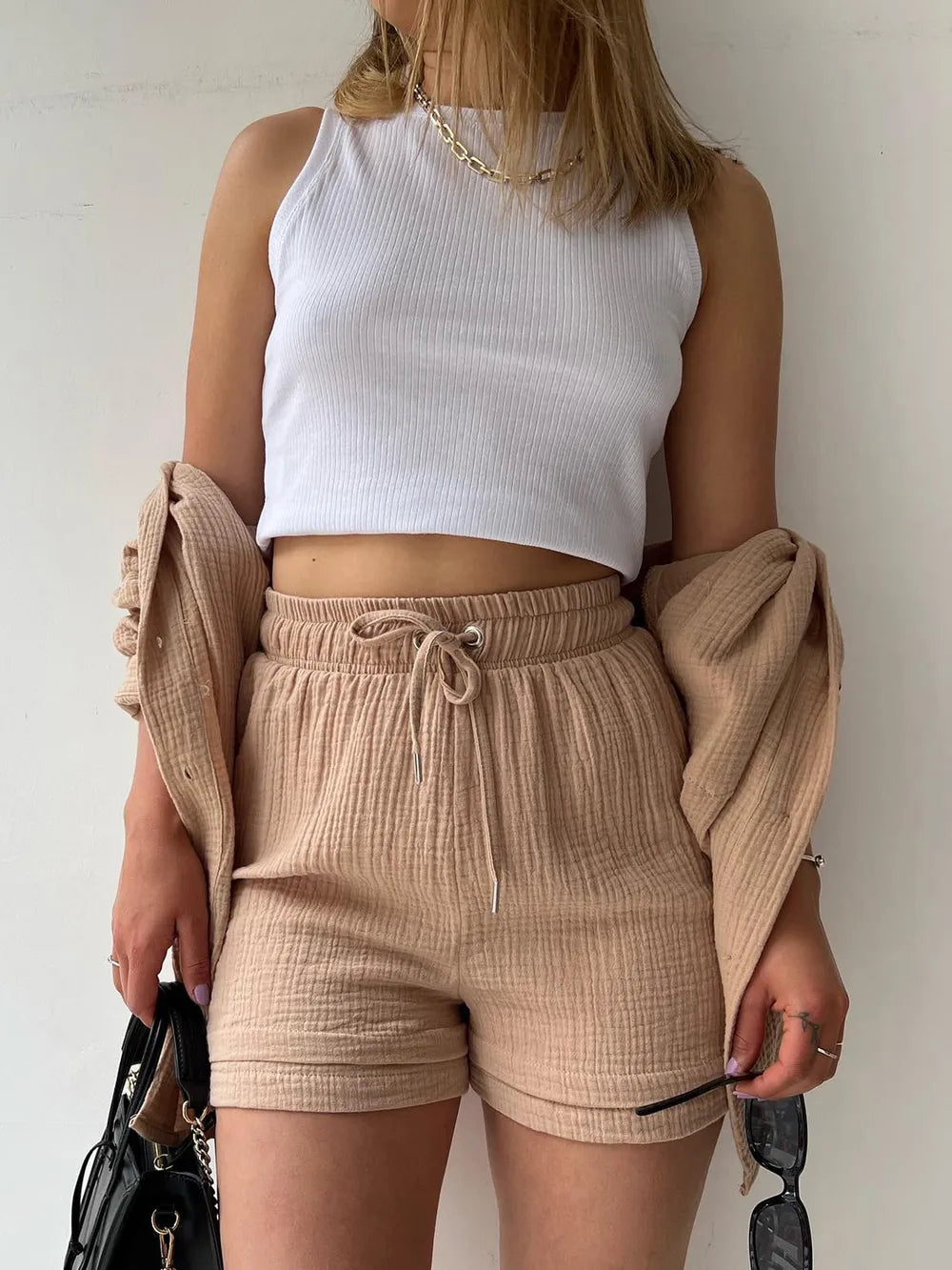 Texture Button Up Shirt and Drawstring Shorts Set - Clothes For Her Online Store