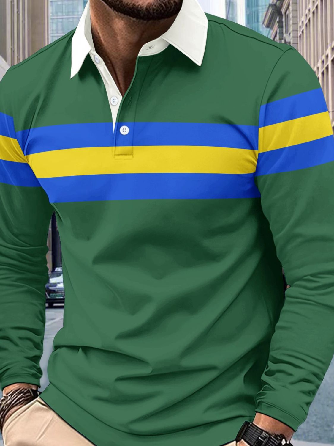 Men's Full Size Collared Contrast Striped Polo Plus Size