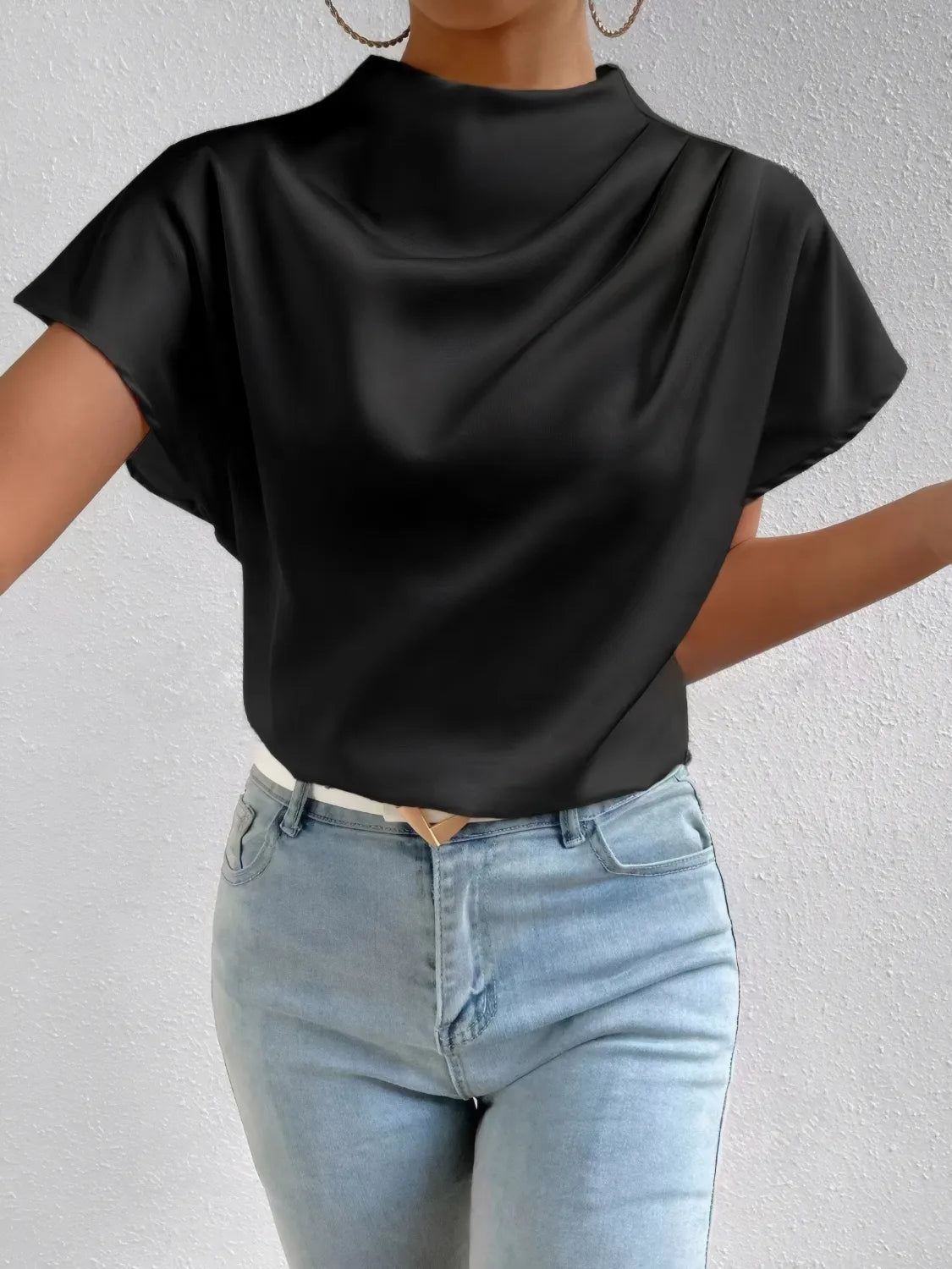 Mock Neck Short Sleeve Blouse
