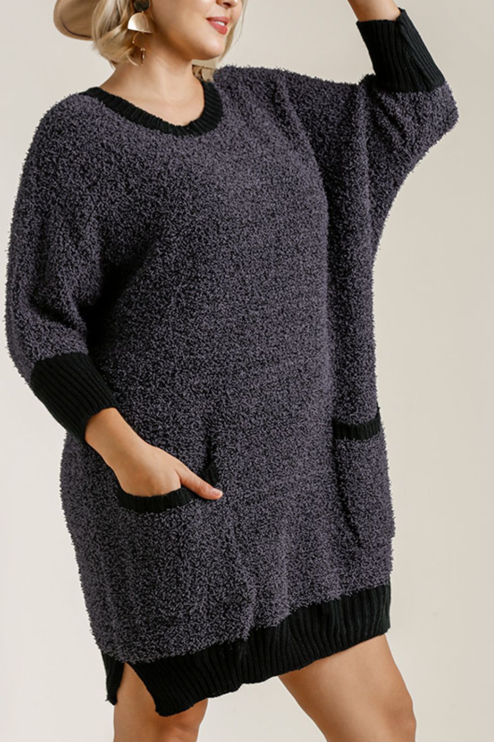 Umgee Full Size Ribbed Hem Round Neck 3/4 Sleeve Sweater Dress with Pockets Plus Size - Clothes For Her Online Store