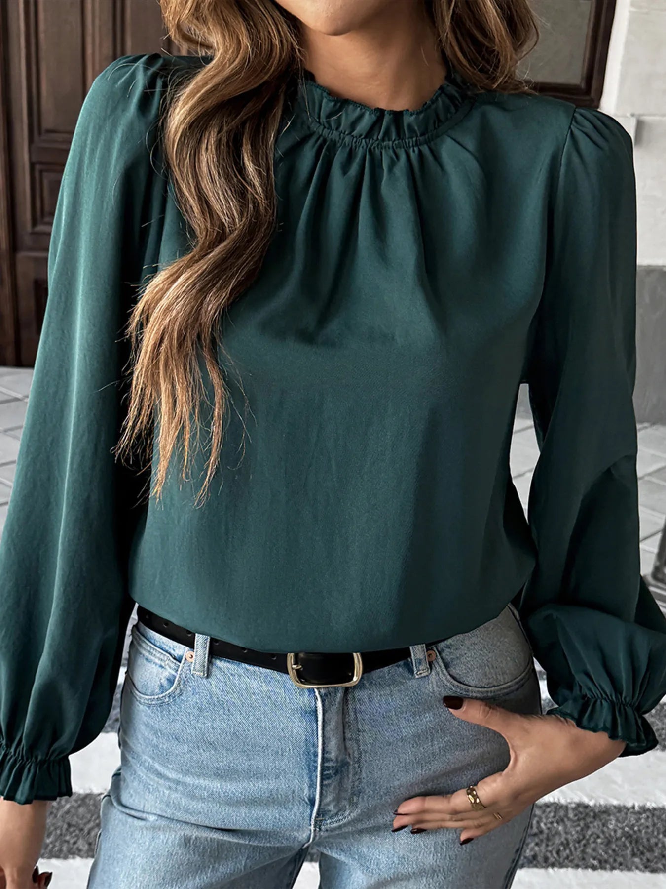 Ruched Round Neck Long Sleeve Blouse