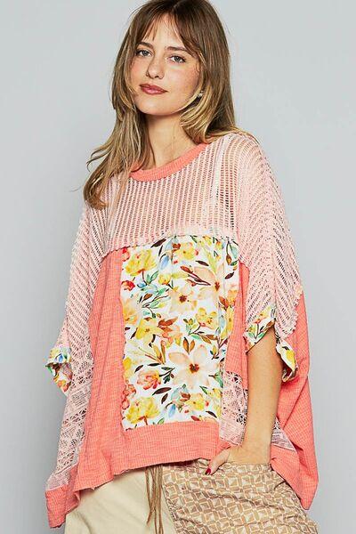 POL Hollow Out Floral Half Sleeve Knit Top