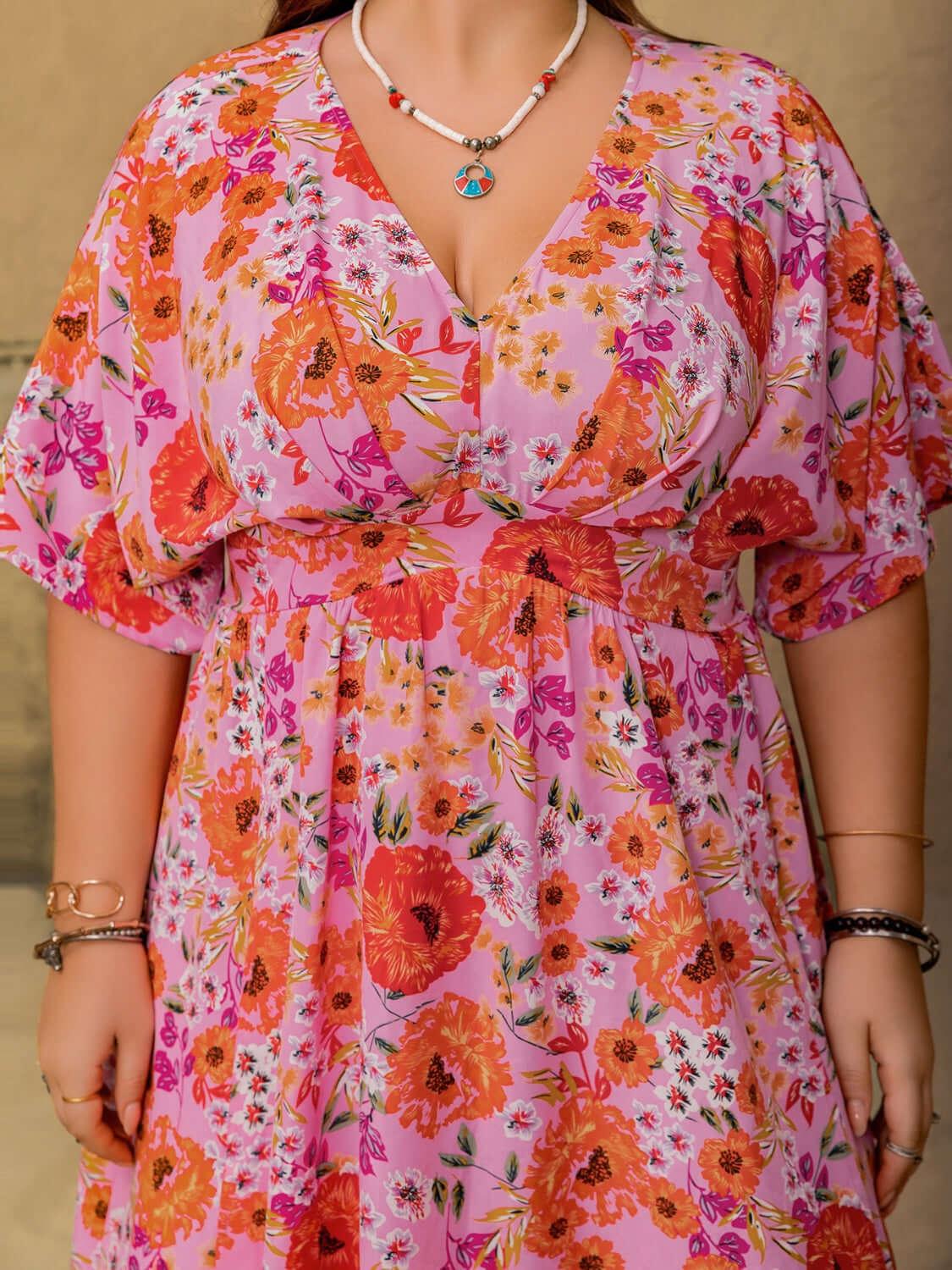 Plus Size Slit Floral V-Neck Half Sleeve Maxi Dress