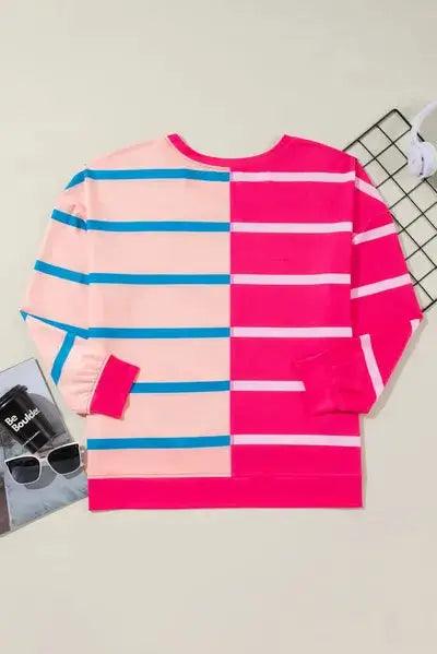 Plus Size Color Block Round Neck Long Sleeve Top