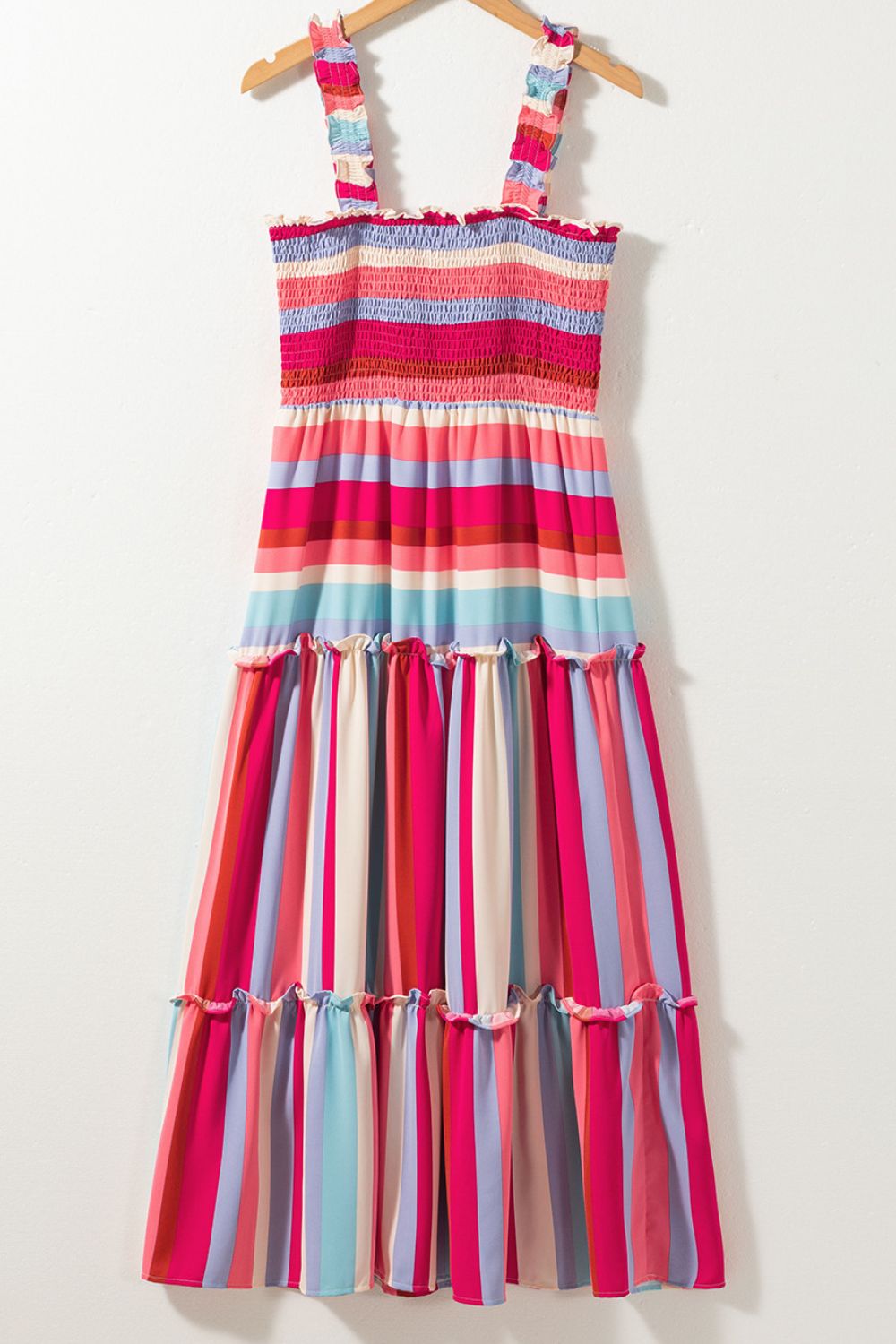 Contrast Stripe Wide Strap Smocked Tiered Dress