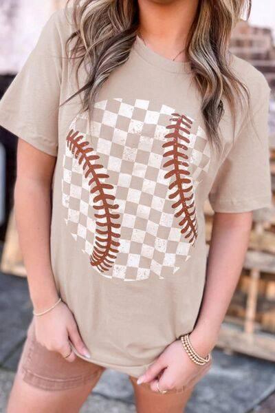 Contrast Checkered Baseball Graphic Round Neck Short Sleeve T-Shirt