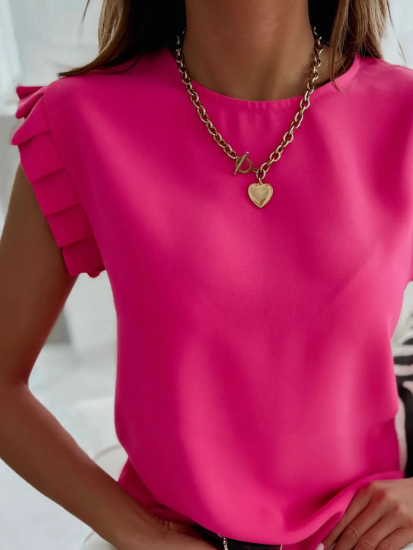 Ruffled Round Neck Cap Sleeve Top