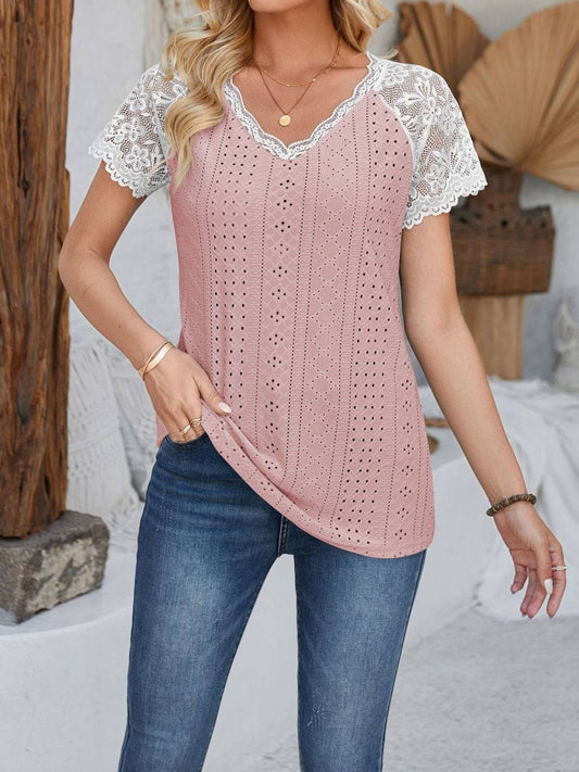 Eyelet Lace Detail V-Neck Short Sleeve Top - Clothes For Her Online Store