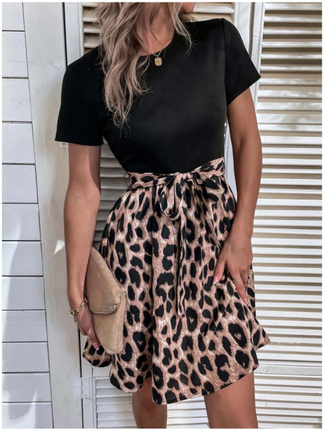 Tied Front Contrast Leopard Short Sleeve Mini Dress