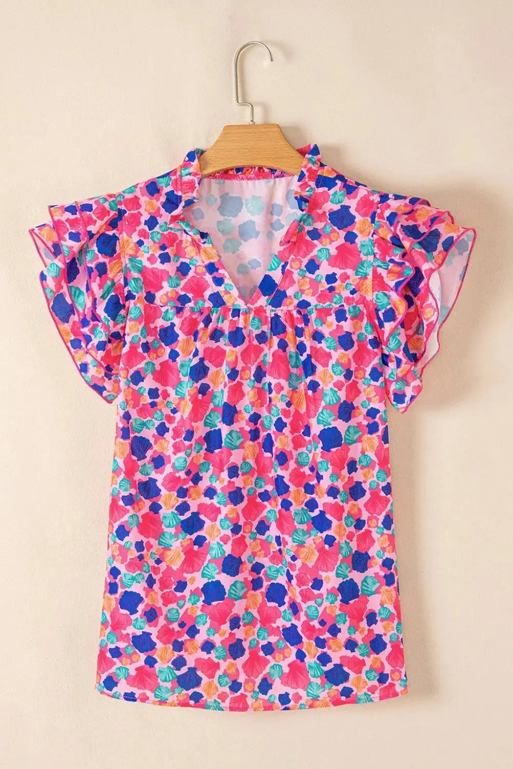 Abstract Print Ruffled Sleeve Notched Blouse - Clothes For Her Online Store