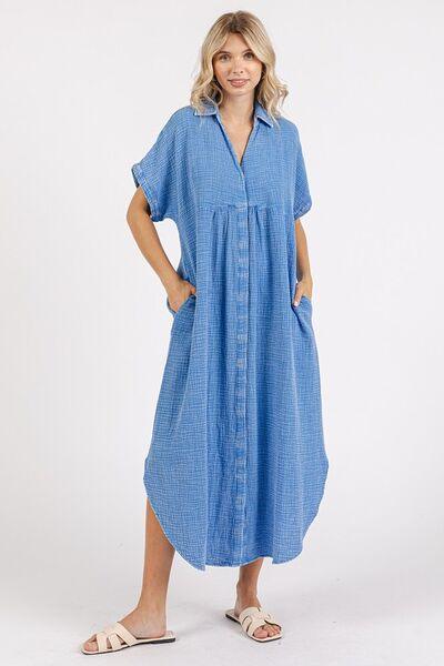 Mittoshop Mineral Wash V Neck Button Up Midi Shirt Dress - Clothes For Her Online Store